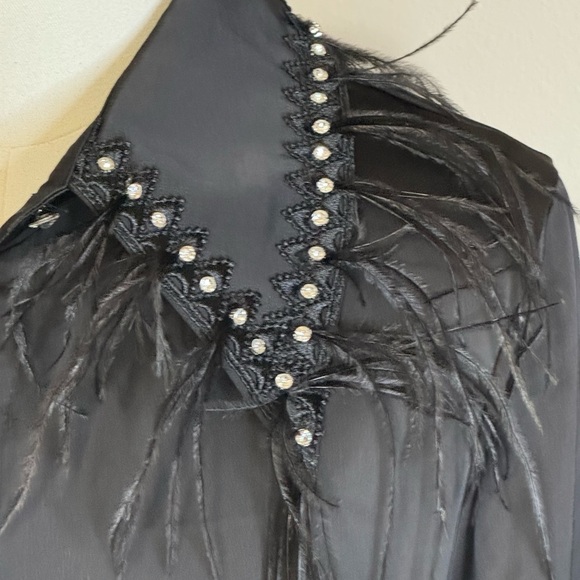 KM by Katherine Black Satin Button Up Shirt Feathers Rhinestones Long Sleeve‎ M - Picture 4 of 10